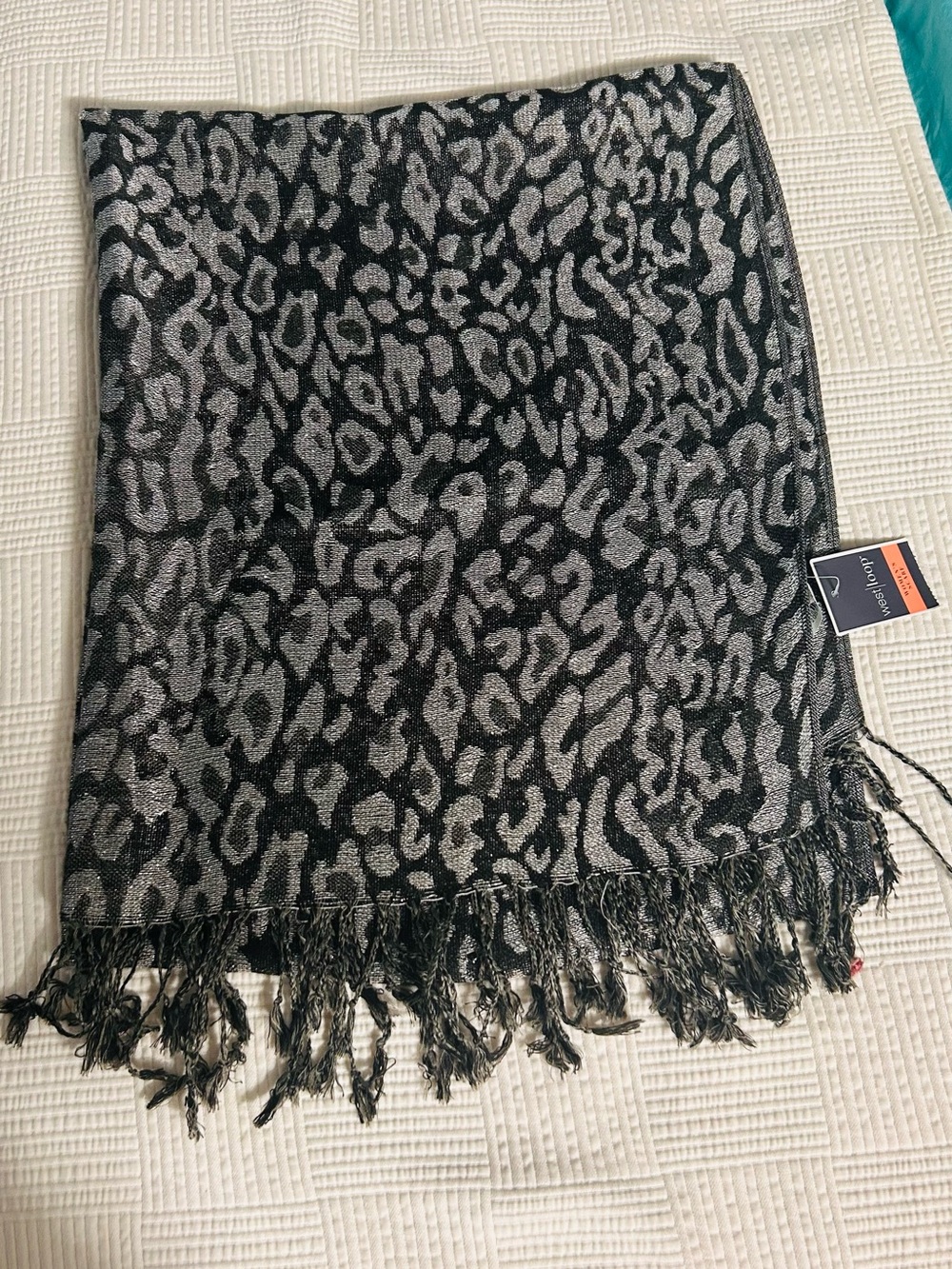 west loop Black & Silver Leopard Print Fringe Scarf